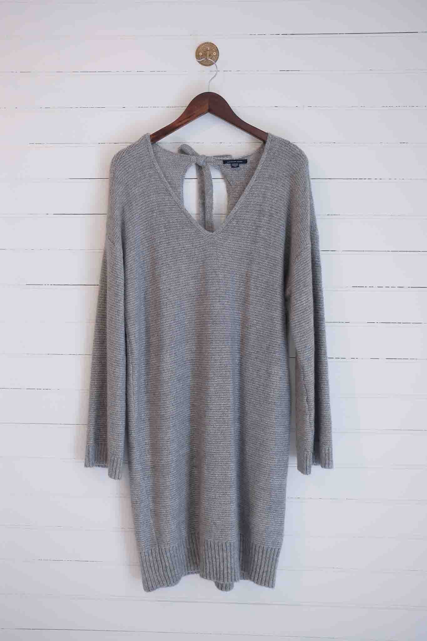 Small Grey Knit Sweater Dress with Tie Detail