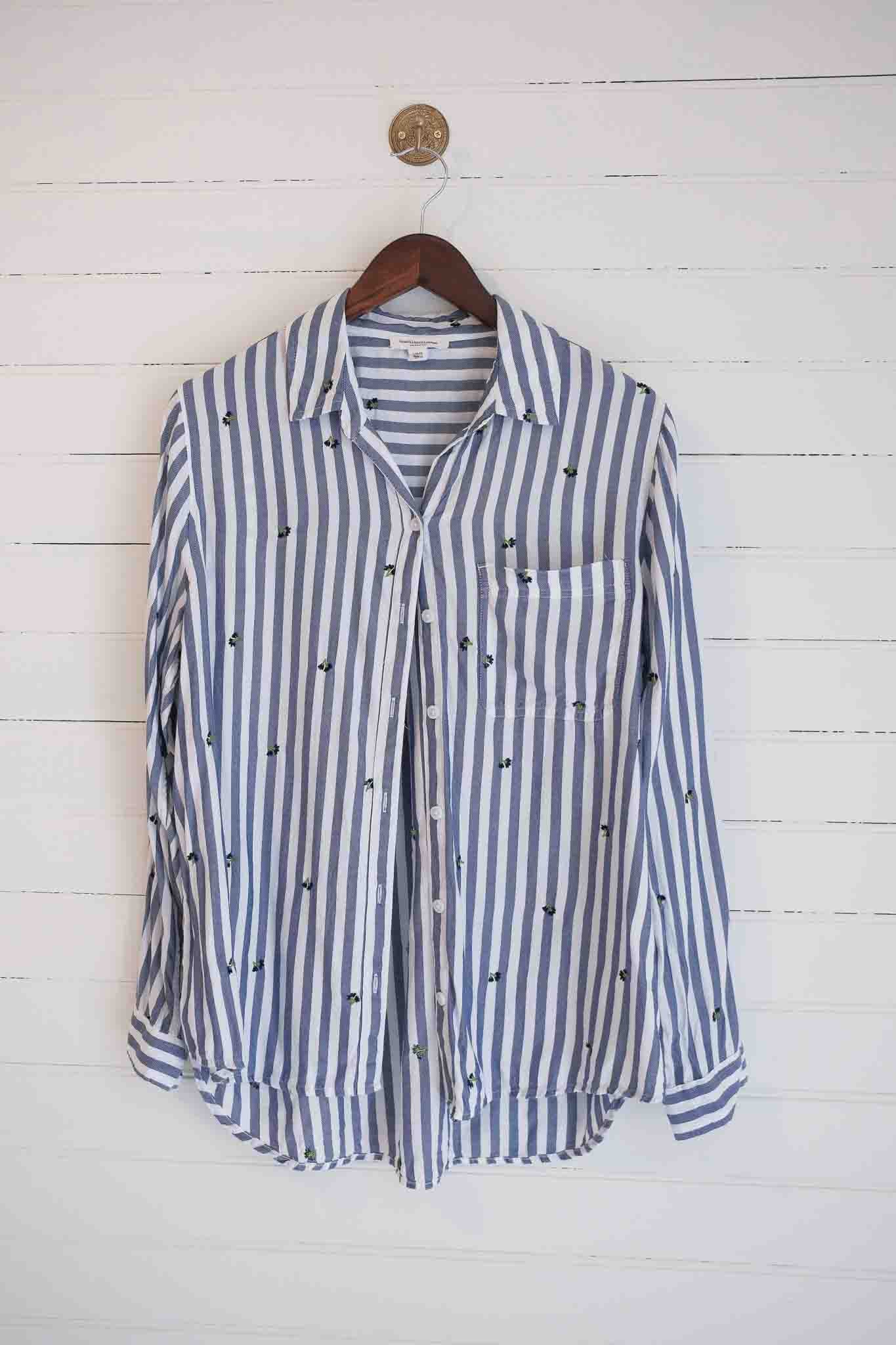 Large Striped Button Down Shirt with Embroidery